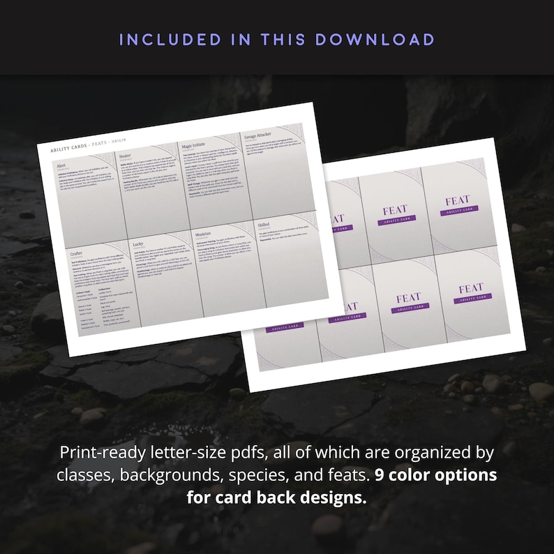 Preview of printable D&D ability card PDFs showing Feat cards laid out on letter-size pages with a note about nine color options for card back designs.