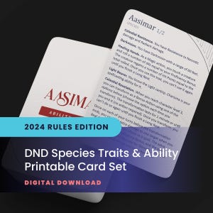 May include: A white card with the word "AASIMAR" in red and black text, with the text "2024 RULES EDITION" in a blue banner. The card is part of a "DND Species Traits & Ability Printable Card Set" and is a digital download.