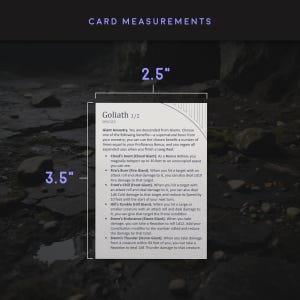 Ability card example showing card dimensions labeled 2.5 inches wide by 3.5 inches tall, printed with detailed ability descriptions