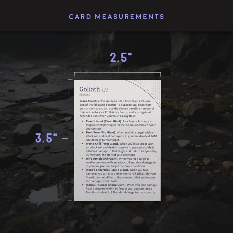 Ability card example showing card dimensions labeled 2.5 inches wide by 3.5 inches tall, printed with detailed ability descriptions