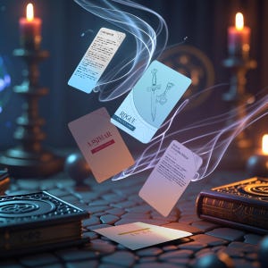 Fantasy-themed mockup showing D&D ability cards floating in magical light above a candlelit desk, including Aasimar and Rogue cards