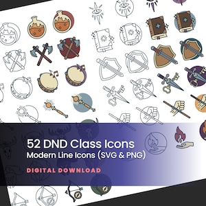 Può includere: Una collezione di 52 icone di classe DND con design a linee moderne di oggetti fantasy come pozioni, libri, scudi, spade e archi. Il testo 52 DND Class Icons Modern Line Icons (SVG & PNG) DIGITAL DOWNLOAD è visualizzato in bianco e rosa.