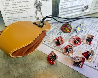 Leather draw string dice pouch a tray.