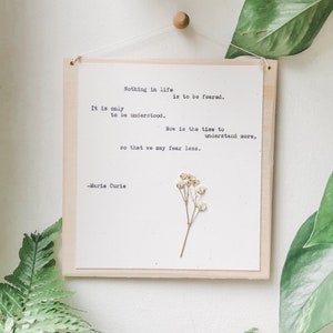 marie curie, nothing in life is to be feared; pressed flower art, typewriter art, historical women, floral wall art, strong woman quote