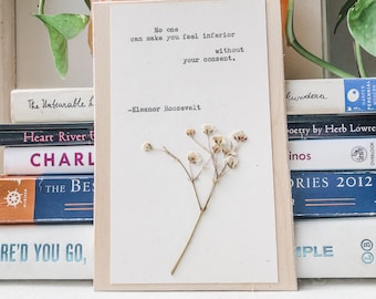 eleanor roosevelt, no one can make you feel inferior; typewriter art, eleanor roosevelt quote, feminist print, pressed flower, wall hanging