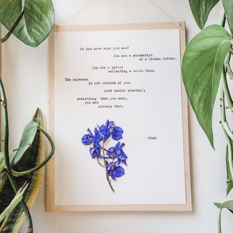 May include: A framed print with a quote by Rumi about the universe and self-reflection. The quote is printed in typewriter font and a pressed flower is in the bottom right corner.