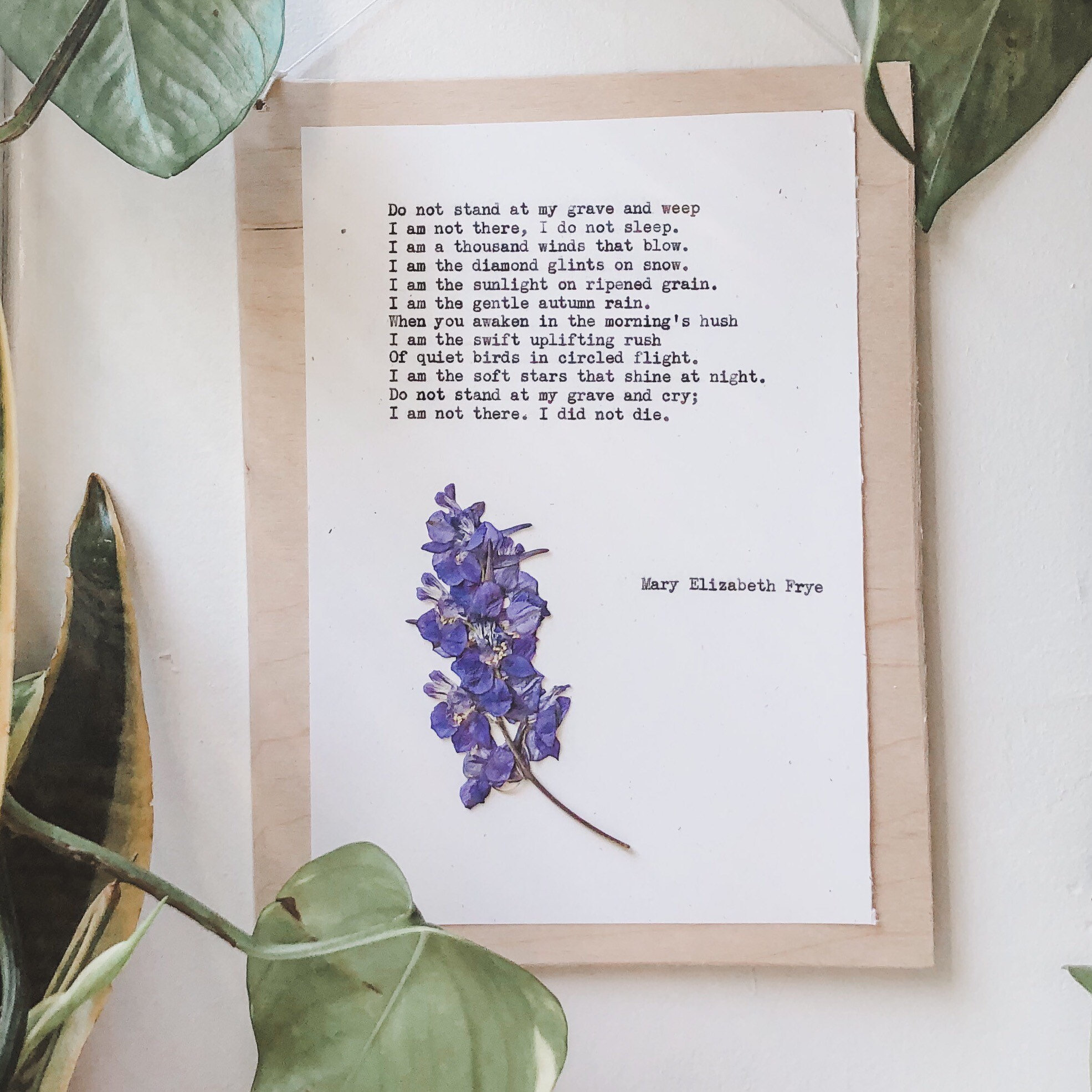 mary elizabeth frye, non fermarti sulla mia tomba e piangere; arte della macchina da scrivere, regalo di dolore, stampa di poesie, regalo di poesie, arte della poesia, arte dei fiori pressati