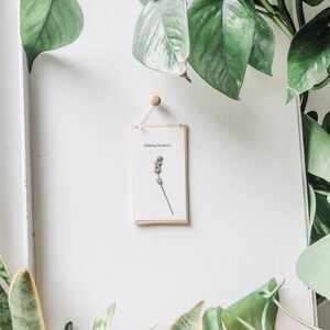 May include: A white wooden sign with the text "inhale/ exhale" and a dried flower pressed inside. The sign is hanging on a white wall.
