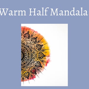 May include: A black and white mandala design with intricate details, painted on a white background with a watercolor wash of orange, yellow, and red.