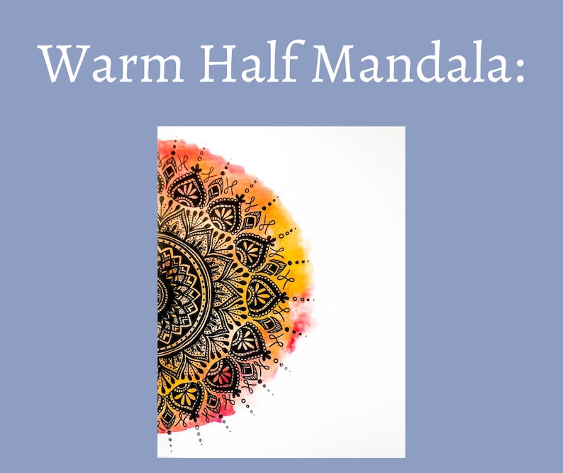 May include: A black and white mandala design with intricate details, painted on a white background with a watercolor wash of orange, yellow, and red.