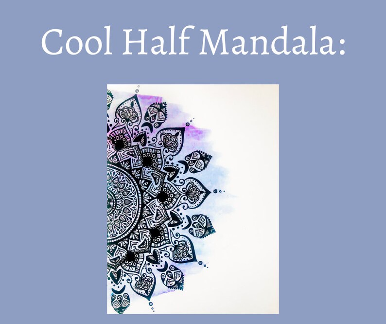 May include: A black and white mandala design with intricate details, painted on a white background with watercolor washes in shades of pink, purple, and blue.