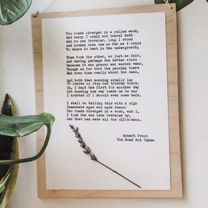 robert frost, the road not taken; typewriter art, robert frost poem, pressed flower art, floral print, poetry gift, poetry print