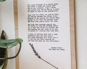 robert frost, the road not taken; typewriter art, robert frost poem, pressed flower art, floral print, poetry gift, poetry print