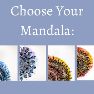 May include: Four different mandala designs, each with a watercolor background. The mandalas are black and white with intricate details. The watercolor backgrounds are blue, purple, orange, and yellow.