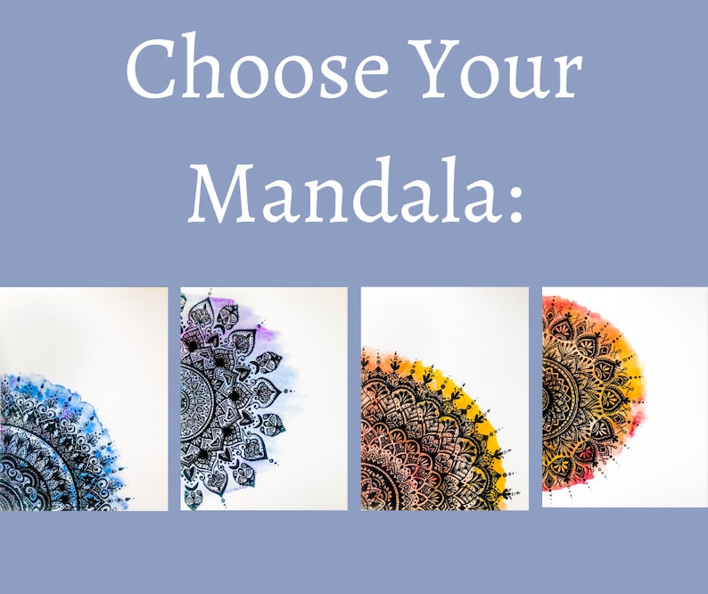 May include: Four different mandala designs, each with a watercolor background. The mandalas are black and white with intricate details. The watercolor backgrounds are blue, purple, orange, and yellow.