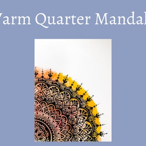 May include: A black and white mandala design with intricate details, painted on a white background with a yellow and orange watercolor wash.