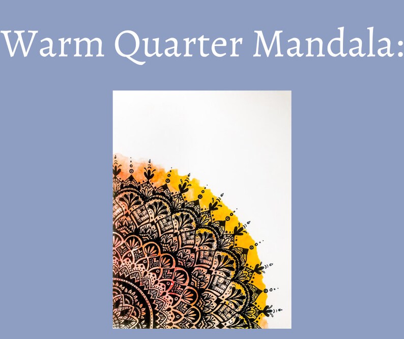 May include: A black and white mandala design with intricate details, painted on a white background with a yellow and orange watercolor wash.