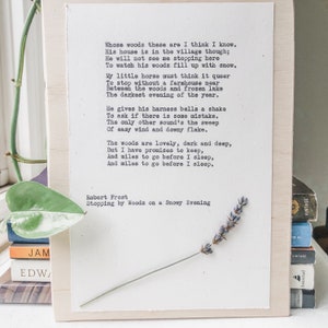 robert frost, stopping by woods on a snowy evening; robert frost poem, typewriter art, floral print, floral wall art, pressed flower art