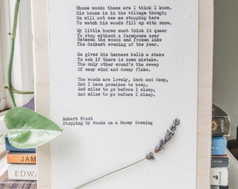 robert frost, stopping by woods on a snowy evening; robert frost poem, typewriter art, floral print, floral wall art, pressed flower art