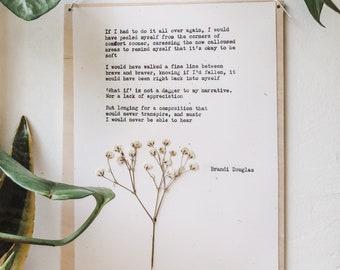 brandi douglas, if I had to do it all over again; typewriter art, original print, floral wall art, pressed flower art, wall decor, poem art