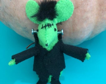 Cute N' Spooky Hand-Sewn Stuffed Felt Franken-Mouse Art Doll