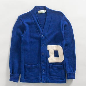 Vintage 1960s Burean Holloway &quot;D&quot; Varsity Letterman Wool Cardigan Size XS/S — Retro Collegiate Sweater — Classic Wool Knit Sweater
