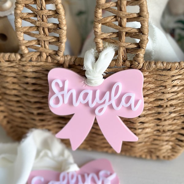 Custom Bow Easter Basket Tag Pink Bow Name Tag Easter Girl Coquette Aesthetic Easter Gift for Girl Basket Tag Bow with custom Name