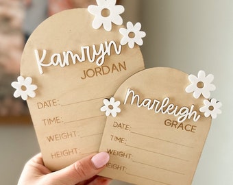 Baby Stat Sign Boho Daisy Baby Name Announcement Sign Girl Hospital Name Sign Newborn Name Wood Sign Birth Stat Keepsake Gift Baby Shower