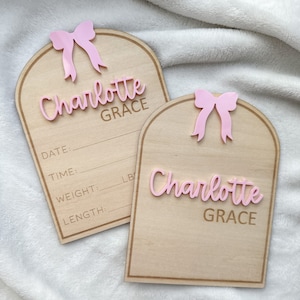 Baby Girl Announcement Sign Pink Bow Baby Name Sign for Hospital Birth Stat Sign Baby Girl Name Sign Coquette Bow Theme Girl Name Sign