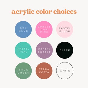 May include: Acrylic paint color choices in a grid of nine circles. The colors are: sky blue, bubble gum pink, pastel blush, pastel teal, pastel purple, black, sage green, terra cotta, and white.