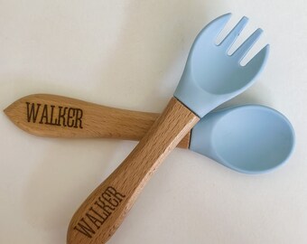Personalized Toddler Gift Silicone Utensils Spoon Fork Baby Shower Gift Keepsake Toddler Training Utensils