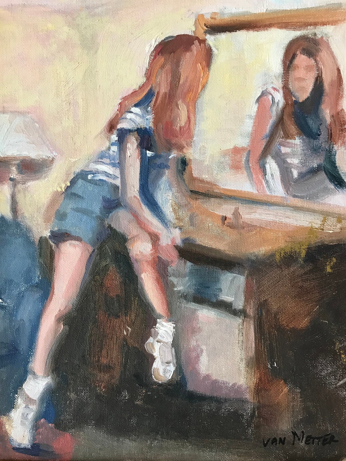 Original Oil Painting of Girl Looking in Mirror, Impressionist Artwork