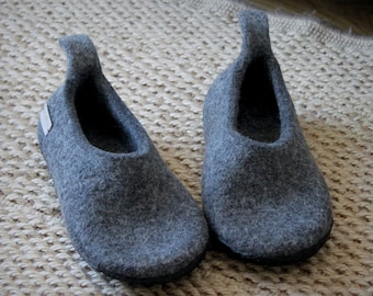 Boiled wool house slippers, women natural grey wool home shoes, organic felted slippers with rubber soles, bohemian minimalist indoor mules