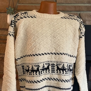 Hand Knit 100% Wool Sweater &#39;Forest&#39; pattern Made in Estonia - Never Worn - Deer Elk Reindeer Wildlife Natural Baltic Estonian Norwegian