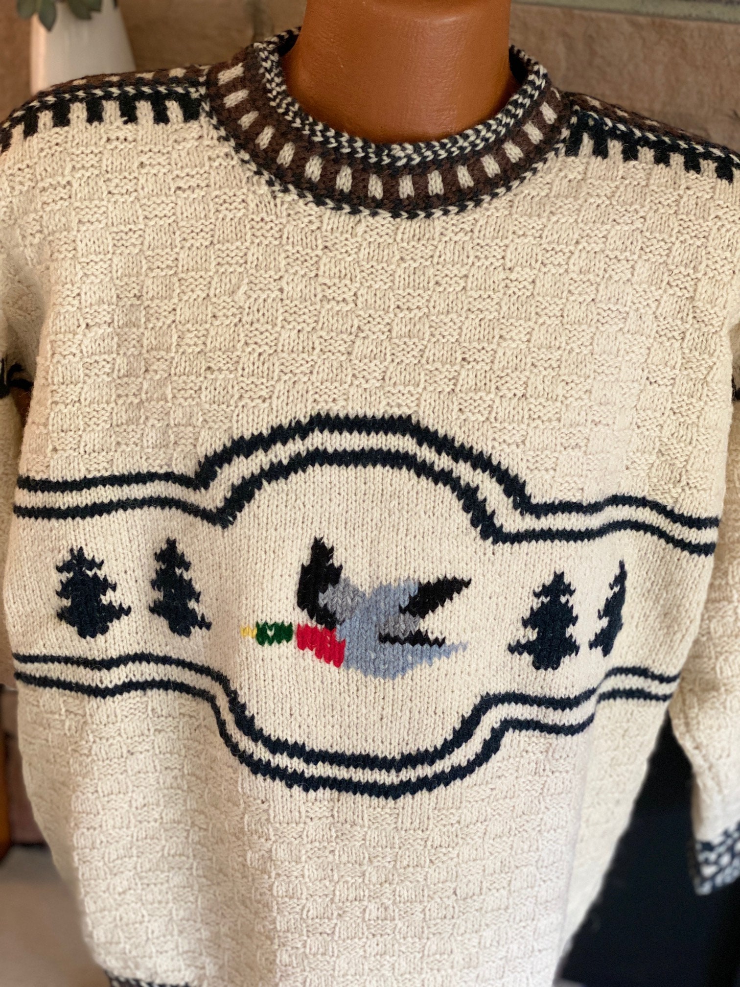 Vintage Hand Knit Wool Sweater With Duck Pattern Hand Knitted in
