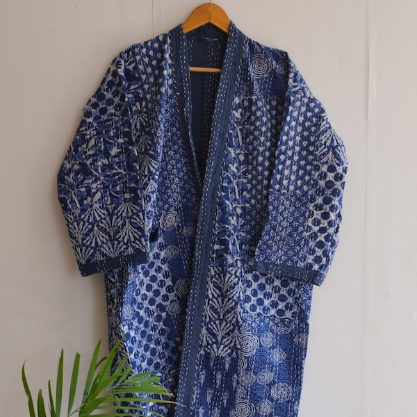 Peignoir indigo imprimé !! Kimono indien en coton fait main 100 % coton | Robes élégantes pour femmes - hommes | Tuniques de plage couvrantes | Peignoir de chambre | Peignoir