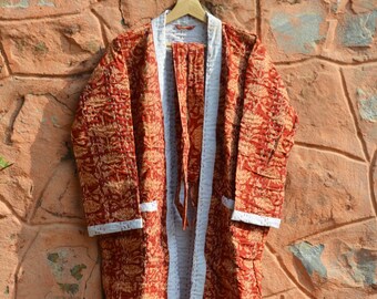 Indian Hand Block Printed Cotton Kantha Kimono, New Bridesmaid Bathrobe Vintage Kantha Coat, Front Open Winter Robe Beautiful Christmas Gift