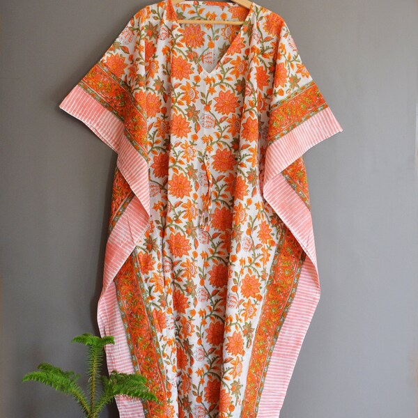 Women Comfort Sleepwear Dress, Indian Handmade Cotton Kaftan, Leaf Block Print Dress, Flower Block Print Robes Kimono Kaftan, Long Dress Art