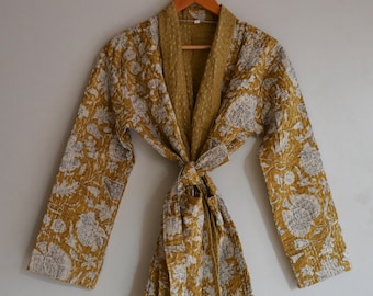 Soldes de Noël !! Couette indienne kantha faite main, veste courte en coton doux, manteau court d'hiver, veste de couette ouverte pour femme, manteau vintage