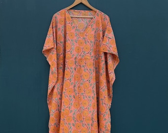 Caftan de coton en voile de coton fait main à imprimé floral indien pour femme, caftan long, robe de plage, robes longues en coton de nuit imprimées à la main