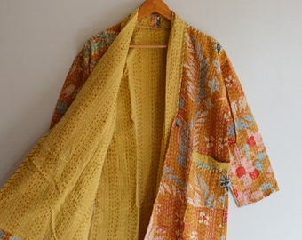 Chaqueta corta acolchada Kantha hecha a mano india, traje de abrigo corto de invierno, kimono mujeres usan chaqueta abierta, chaqueta corta de mujer, nueva chaqueta Jaipuri