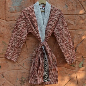 Indian Handmade Bagru Print kantha jacket, Unisex Wear Coat, Boho Tie Belt Coat, Party Wear Stylish Red Jacket, Gift For Her Front Open Coat