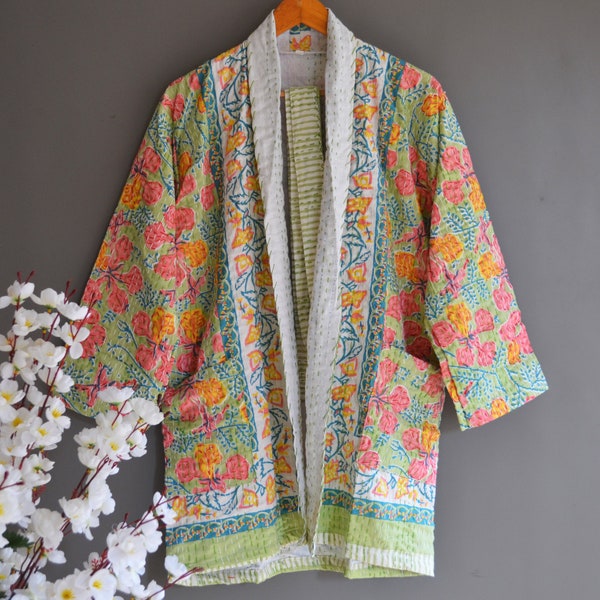 Jaipuri Print Kimono Women Wear Open Quilt Jacket, Indian Handmade Kantha Quilt Short Jacket, Block Print Dress, Winter Short Coat Suit