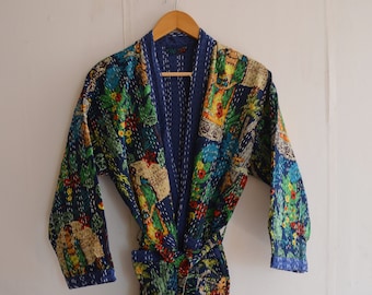 Frida Khalo Print Bathrobe Kimono, Beautiful Kimono Kantha Work Robe, Pure Cotton Kantha Jackets, Winter Jacket Front Open Quilted Kimono