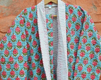 Veste courte d'hiver en coton à imprimé floral indien, veste courtepointe kantha faite main, manteau de soirée ouvert sur le devant, veste bohème, cadeau d'anniversaire