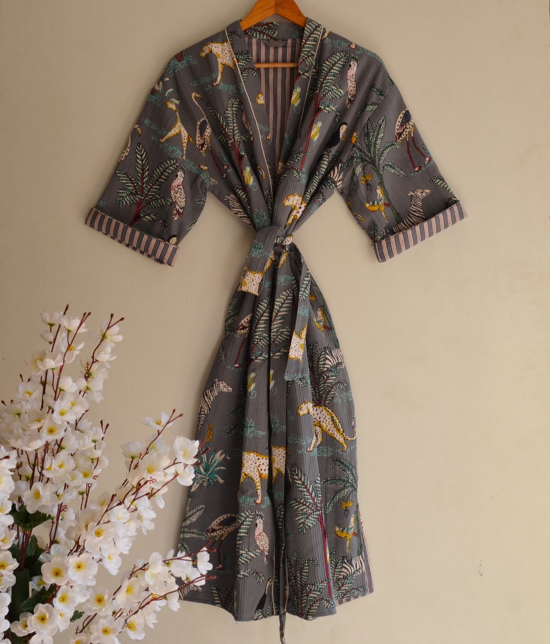 Indian Waffle Kimono, Handmade Block Jungle Print Winter Bathrobes