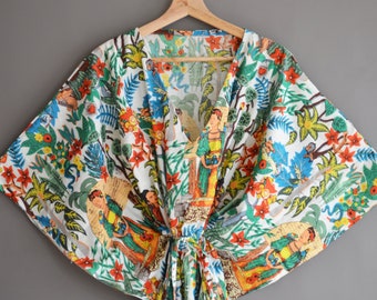 Indian Handmade Cotton kimono robes , Leaf And Flower Printed Woman Caftan and Kimono Robe , Indian Long Gown , Woman Summer Dress