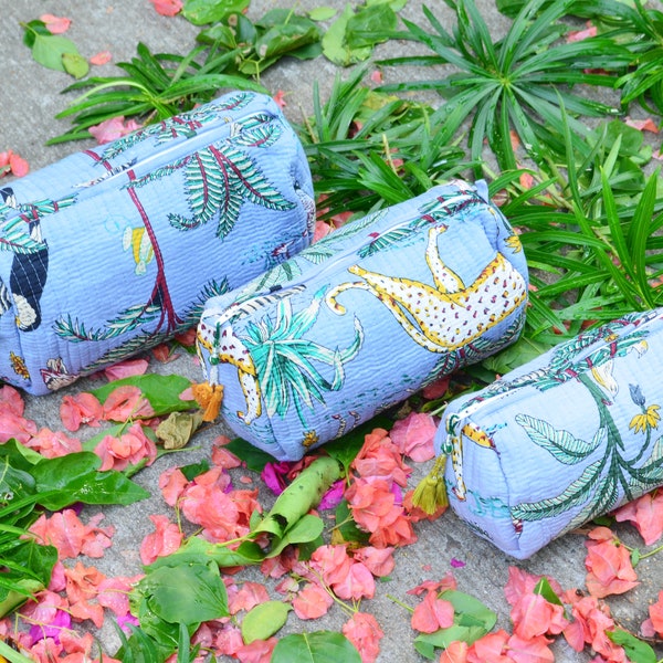 Set Of 3 Pieces !! Indian Hand Block Cotton Quilted Woman Cosmetic Bag, Make Up Kit , Summer Beach Travel Bag, Animal Pattern Stationery Bag