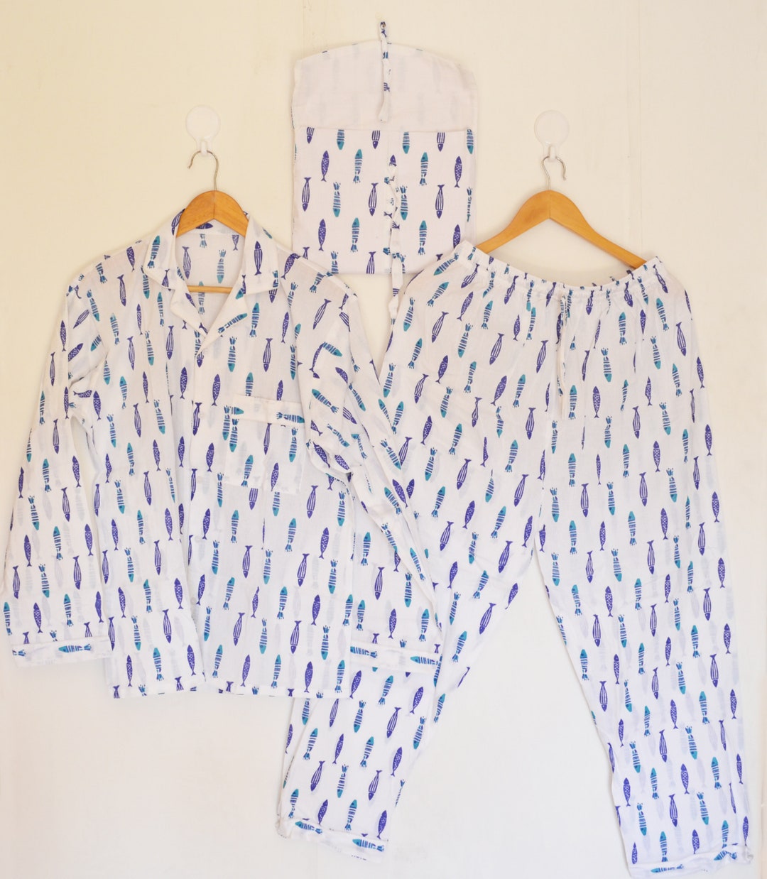 Fish Print Pajama Indian Cotton Night Wear PJ Set, Block Print Pure