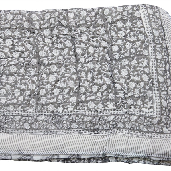 New Hand Block Print Quilt Floral Printed Light Weight Blanket Bed Coverlet Handmade Reversible Quilted Jaipuri Razai Indian Cotton Quilt